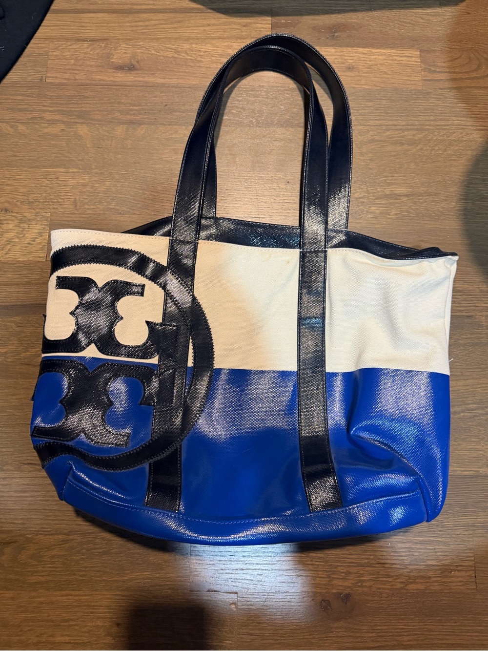 Canvas and Leather Two-Tone Tote Bag in Blue and White